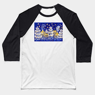 Christmas picture - winter landscape with golden houses and silver fir-trees on blue background Baseball T-Shirt